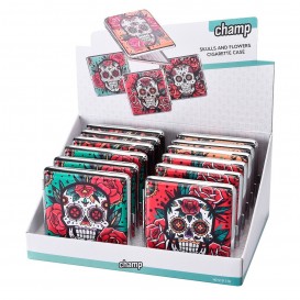 PITILLERA METÁLICA CHAMP SKULLS AND FLOWERS 20 CIGARRILLOS